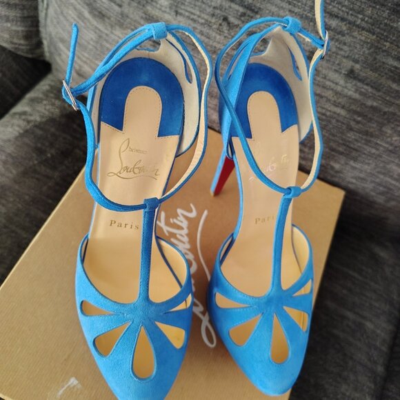 CHRISTIAN LOUBOUTIN Suede Cutout Accent T-Strap Pumps - Picture 8 of 16